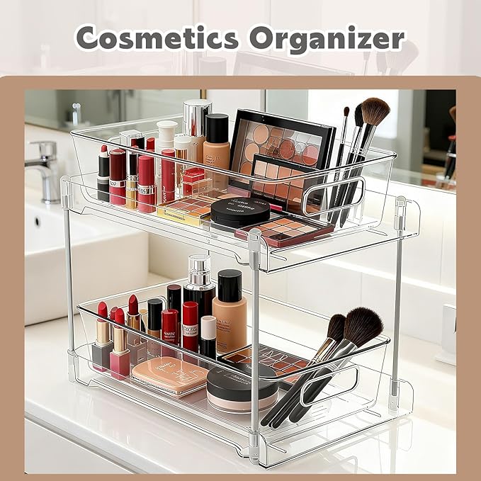 Under Sink Organizer 2-Tier Under Cabinet Organizer, Clear Under Sink and Pull-Out Cabinet Organizer for Kitchen and Pantry Storage
