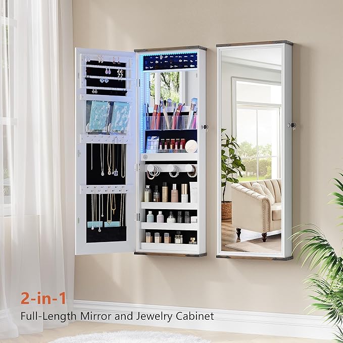 43.5" Over the Door Jewelry Organizer, Mirror with Storage and Lockable, Full Length Mirror Cabinet with Hanging Holder & Built-in Lights Makeup Mirror, Women/Girls (Elegant White)