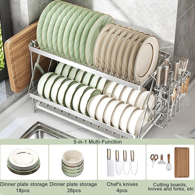 Dish Drying Rack, 304 Stainless Steel Foldable 2 Tier with Hanging Rack for Kitchen Counter, Dish Rack for Dishes, Utensils, Knives and Cutting Board