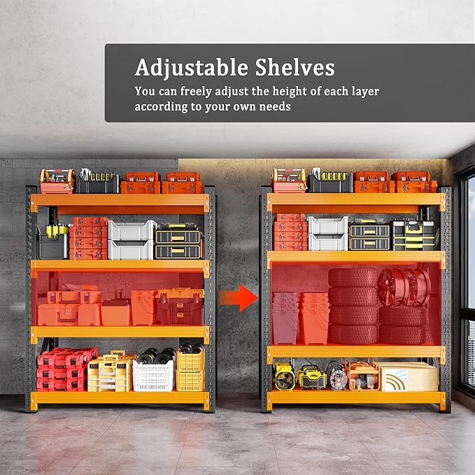 48" W Garage Shelving 3000LBS Garage Shelving Heavy Duty 4-Tier Metal Storage Shelves Adjustable Shelf Unit Storage Rack for Basement Supermarket Warehouse 48" W x 20" D x 78" H Black-Orange