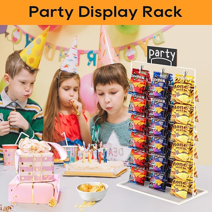 TJ.MOREE Chip Rack Display Stand, Chip Bag Holder for Party Display 3-Row 60 Clips Countertop Snack Hanger, Snack Retail Display Rack (White)
