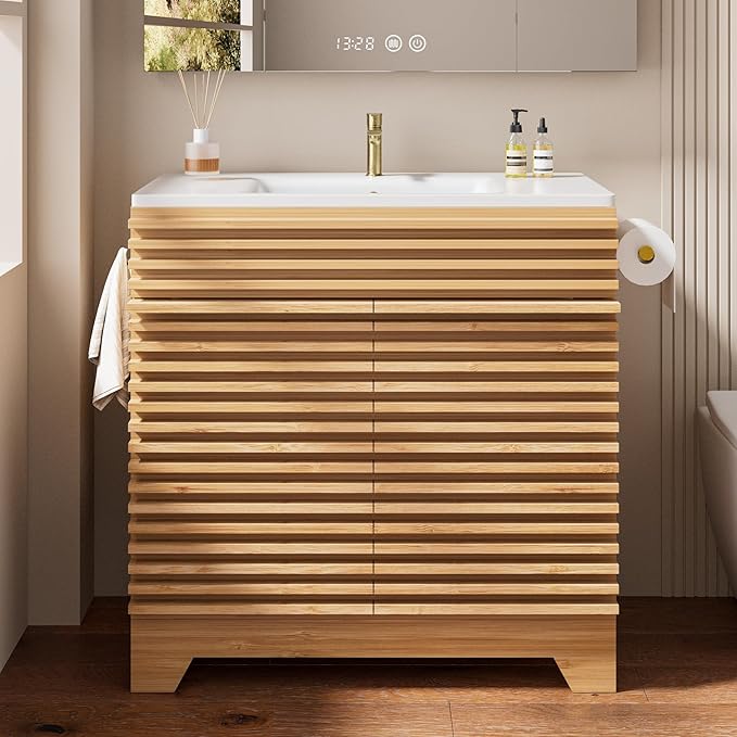 VNN 32 Inch Bathroom Vanity with Ceramic Sink - Freestanding Modern Bathroom Storage Vanity Cabinet with Fluted Design, Soft-Close Doors, Shelves, Toilet Paper Holder & Towel Hooks, Natural Oak