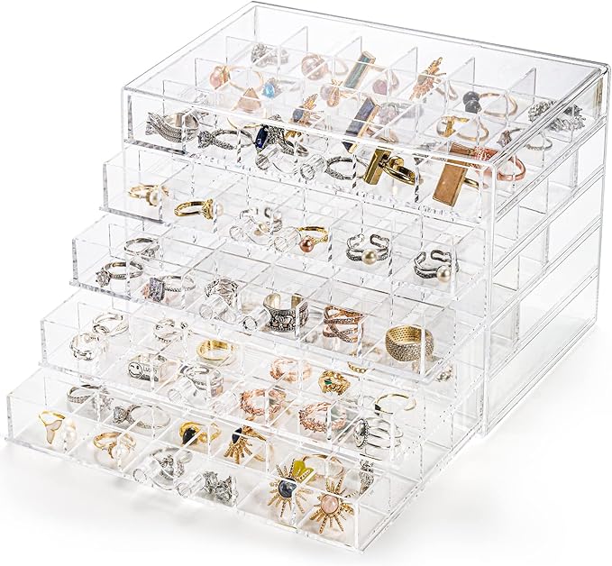 yarlung Acrylic Jewelry Storage Box Earring Holder with 5 Drawers, 120 Grids Jewelry Organizer Tray Clear Ring Display Case for Beads, Nail Tips, Women Girls, Birthday Gift