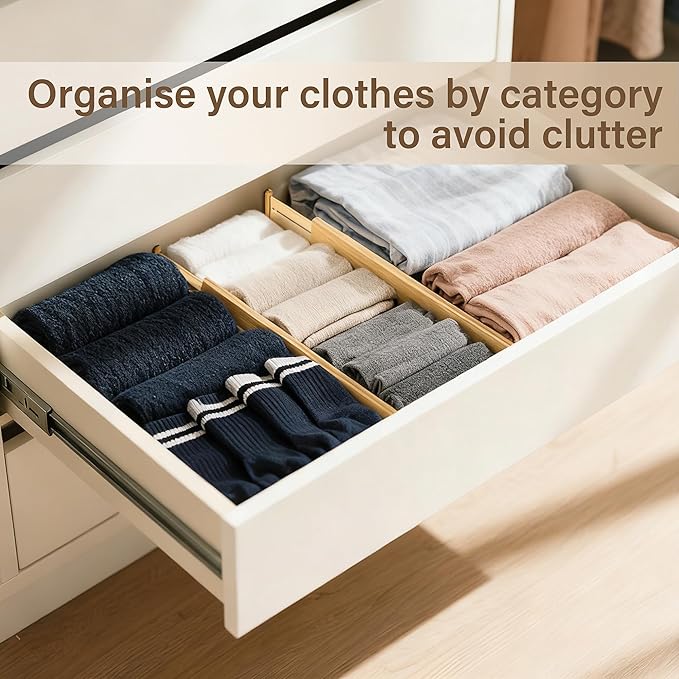 Bamboo Drawer Divider Set of 8, Adjustable Spring-Loaded Drawer Organizer (16.9"-22.2"), 2.3" Height, Suitable for Kitchen, Desk, Bathroom, Clothing, and Miscellaneous Drawer Organization, Natural