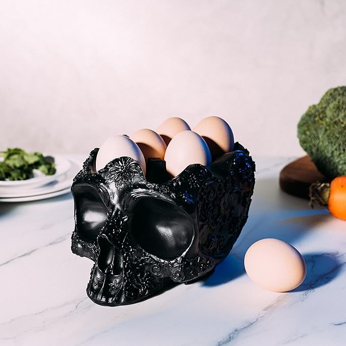 Gute Skull Egg Holder Container Bowl 6" H Half Dozen Decorative Skeleton Egg Keeper Storage Display Organizer Serveware Kitchen Countertop Breakfast Serving Dish Gift