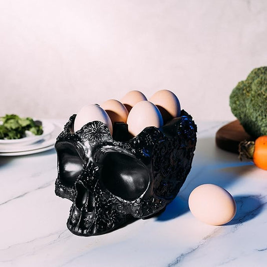 Gute Skull Egg Holder Container Bowl 6" H Half Dozen Decorative Skeleton Egg Keeper Storage Display Organizer Serveware Kitchen Countertop Breakfast Serving Dish Gift