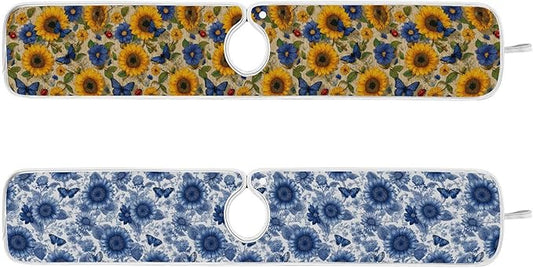 2 PCS Kitchen Sink Splash Guard 30 Inch Faucet Mat for Kitchen Sink Bathroom Sink Faucet Absorbing Drip Drain Mat Pad Microfiber Soft Washable Vintage Beige and Blue Sunflowers Butterflies