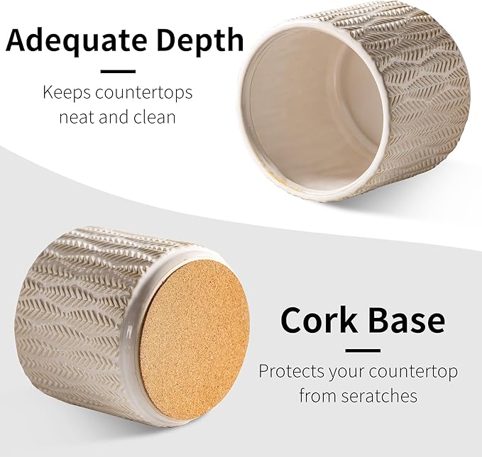 5.3-Inch Ceramic Utensil Crock Utensil Holder Countertop, Embossed Ceramic Storage Canister - with Non-Slip Cork Base, Rustic Farmhouse Multi-Purpose Desktop Organizer, Kitchen Decor(Wheat Brown)
