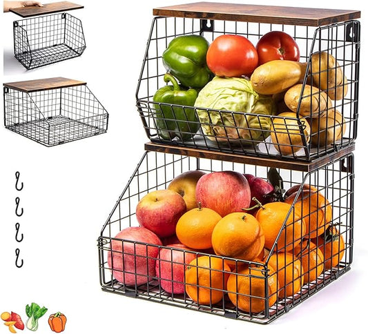 Kitchen Storage Baskets Fruit and Vegetable Baskets for Kitchen Countertop, 2 Sets Wire Wall Fruit Basket, 2 Tiered Hanging Produce Onion Potato Storage Snack Door Pantry Organizer