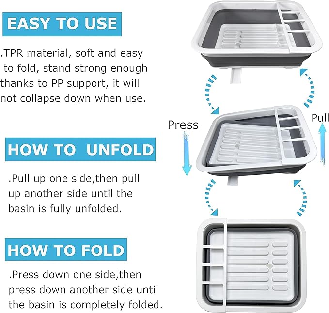 Collapsible Dish Drying Rack with Drain Plug and Swivel Spout - Lightweight, Compact and Space-Saving Dish Drainer Organizer for Kitchen, RV, Campers and Travel Trailers
