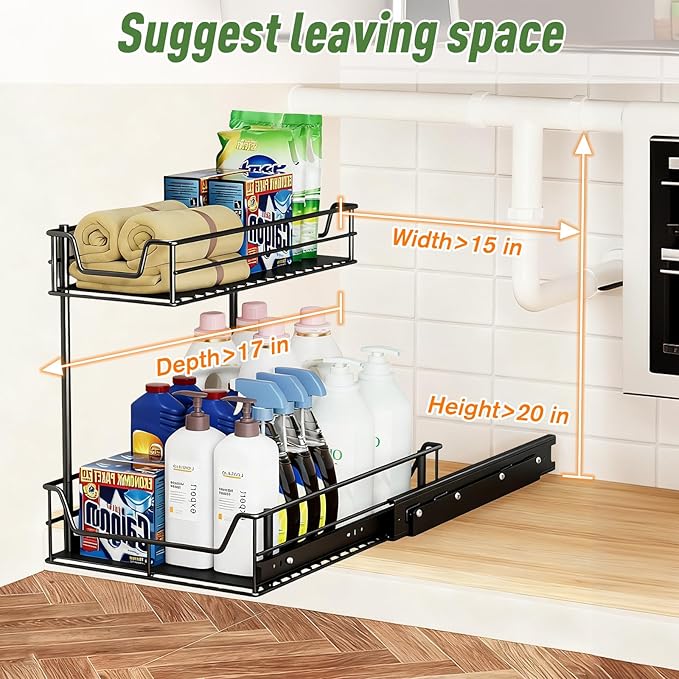 Under Sink Organizer, 2 Tier Pull Out Cabinet Organizer and Storage for Kitchen Fully Extendable Slide out, Heavy Duty Under Sink Storage for Bathroom Laundry Kitchen Pantry Closet (Black Large Size)