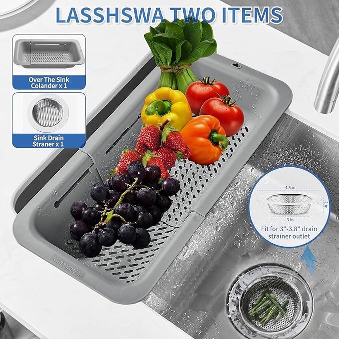 LASSHSWA Collapsible Colander and Strainer for Kitchen, Over the Sink Strainer Basket for Kitchen, Fruit Pasta Food Strainer Expandable Plastic Colander (Gray)