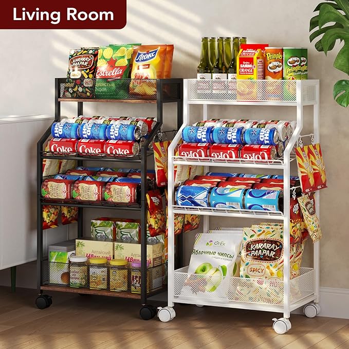 Can Organizer for Pantry - Rolling Snack Cart, Multi-Layer Soda Can Organizer for Pantry, Mobile Beverage Storage Rack with Wheels, Versatile Metal Shelf for Kitchen and Office, White
