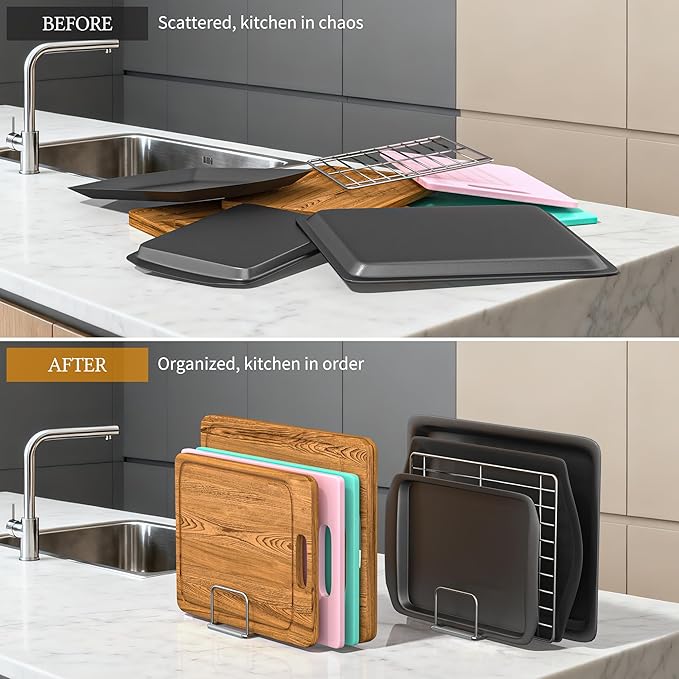 1-Pack Cutting Board Organizer Holder Stand, Stainless Steel Holder, Cutting Board Storage Rack with 4 slots for Baking Sheet and Cookie Sheet,1.0Inch Slots (1PC(1.0in))