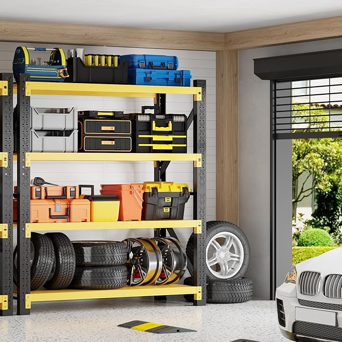 59" W Garage Shelving 3000LBS Garage Storage Shelves 4-Tier Metal Adjustable Shelf Unit Storage Rack for Basement Supermarket Warehouse 59" W x 24" D x 78" H Yellow