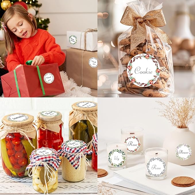 400Pcs Canning jar Labels,2 inch White Mason jar Labels,Christmas Gift Labels Tags Stickers,5 Design of Floral Wreath,Spice Labels Stickers for Storage Organizing Tags Envelop Seal