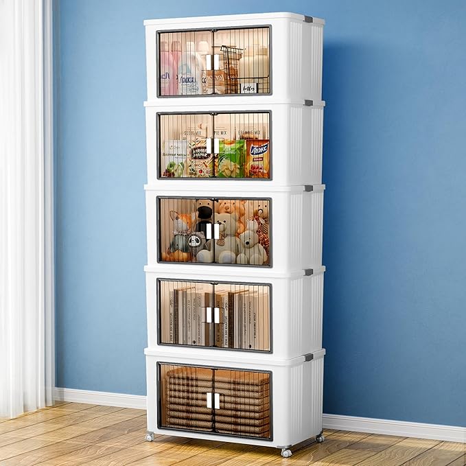 5 Tier 540 Qt Plastic Storage Bins and Boxes Organizer - Stackable Storage Bins with Lids for Bedroom, Bathroom, Laundry Room, Living Room, Office, Camping - Foldable Containers