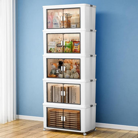 5 Tier 540 Qt Plastic Storage Bins and Boxes Organizer - Stackable Storage Bins with Lids for Bedroom, Bathroom, Laundry Room, Living Room, Office, Camping - Foldable Containers