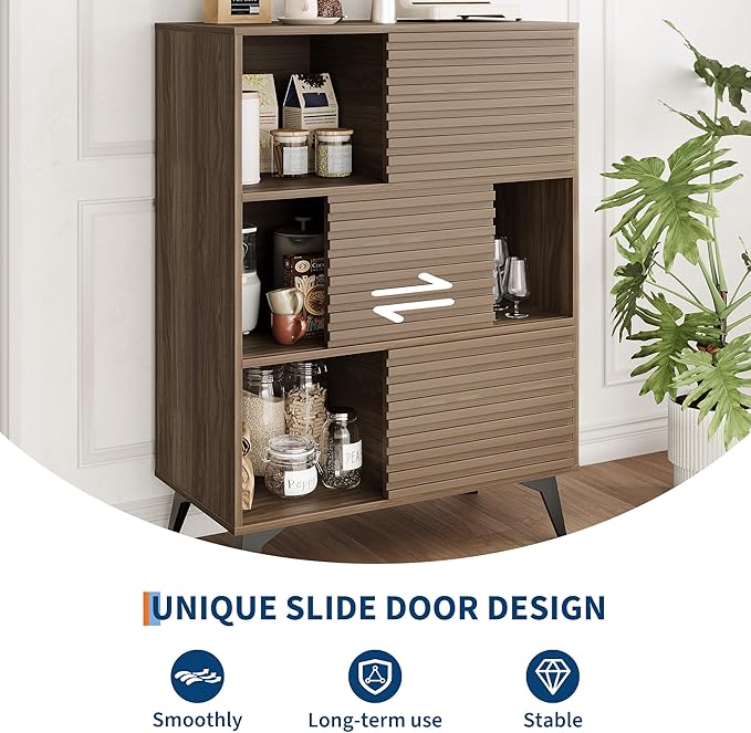 IDEALHOUSE Fluted Cabinet with Sliding Doors, Modern Wooden Storage Cabinet with Metal Base, 31 Inch Sideboard Cabinet with Storage for Dining Room,Living Room, Entryway