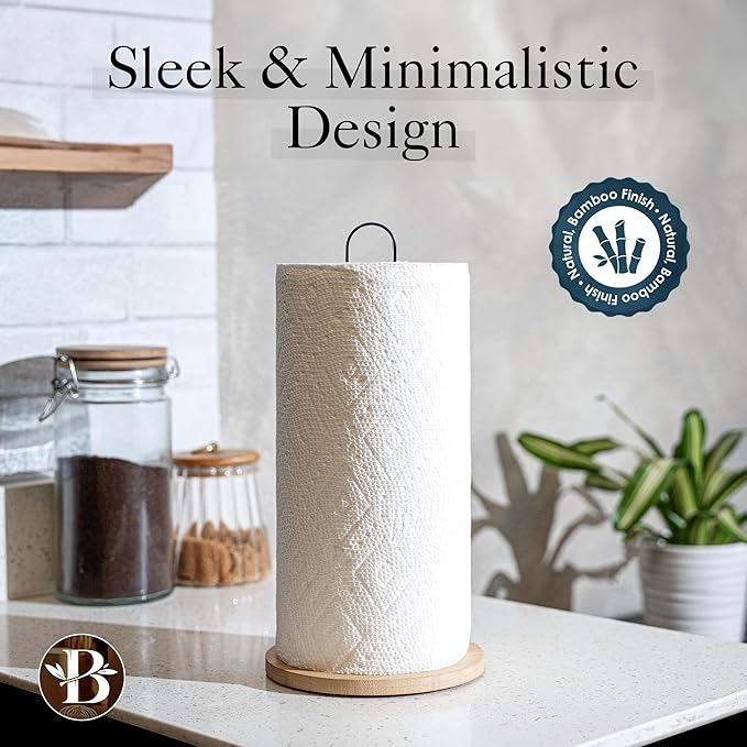 Wooden Paper Towel Holder Countertop – Bambüsi Freestanding Kitchen Paper Towel Stand with Non-Slip Base, Easy Install Durable Modern Farmhouse Decor, Fits Standard & Large Rolls for Kitchen, Bathroom