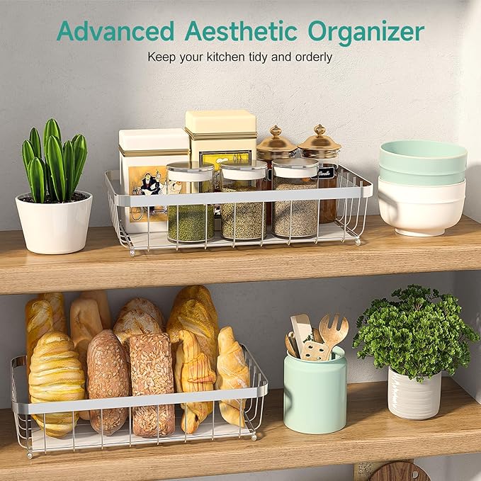 2 Tier Large Fruit Basket for Kitchen Counter with 2 Mobile Banana Hangers, 2026 Pro Detachable Metal Fruit Bowl with Wooden Handle (Silver, 2 Tier Extra Large)