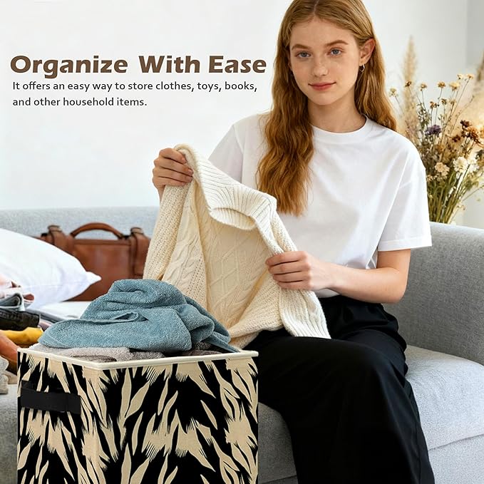 Black and Beige Abstract Storage Box Bins, Boho Modern Abstract Zebra Striped Collapsible Storage Basket Organizer for Bedroom Laundry Room Home Clothes Toys Books, Toybox for Kids