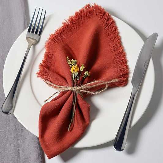 Handmade Cloth Napkins with Fringe,18 x 18 Inches Cotton Linen Napkins Set of 4 Versatile Handmade Square Rustic Fringe Napkins for Dinner, Wedding and Parties, Terracotta