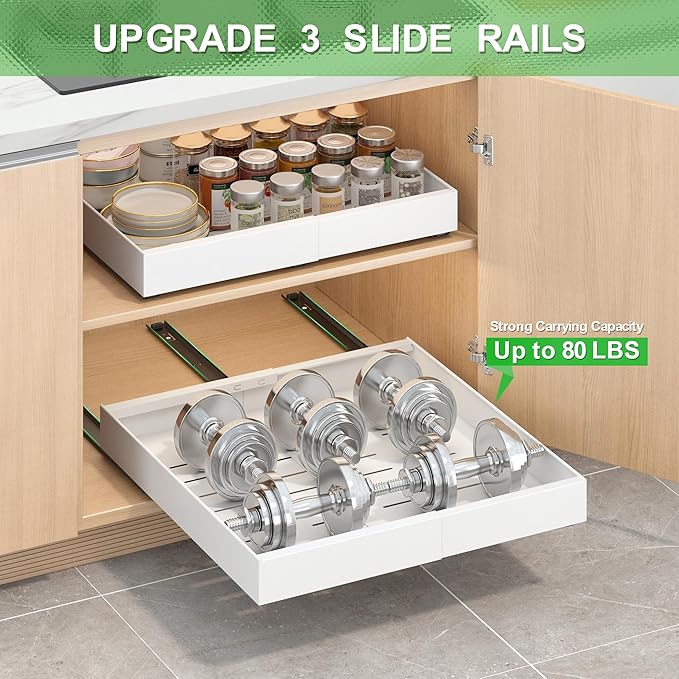 Expandable Pull-Out Cabinet Organizer - White, 16.54" D x Adjustable Width 12.6-20.47", No Drill Adhesive Installation with 3-Slide Rails for Kitchen Storage (2 Pack)