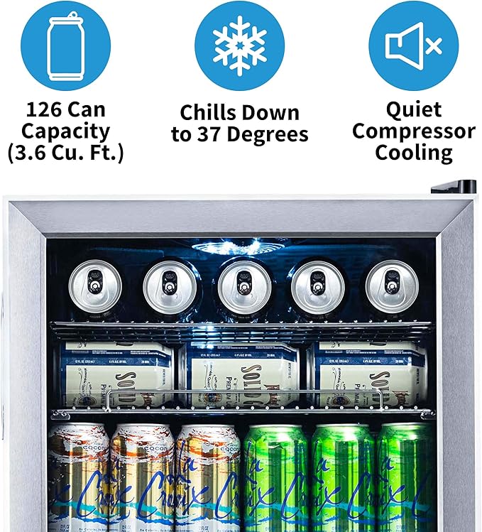 NewAir Beverage Refrigerator And Cooler, Free Standing Glass Door Refrigerator Holds Up To 126 Cans, Cools Down To 37 Degrees Perfect Organizer For Beer, Wine, Soda, Pop, And Cooler Drinks