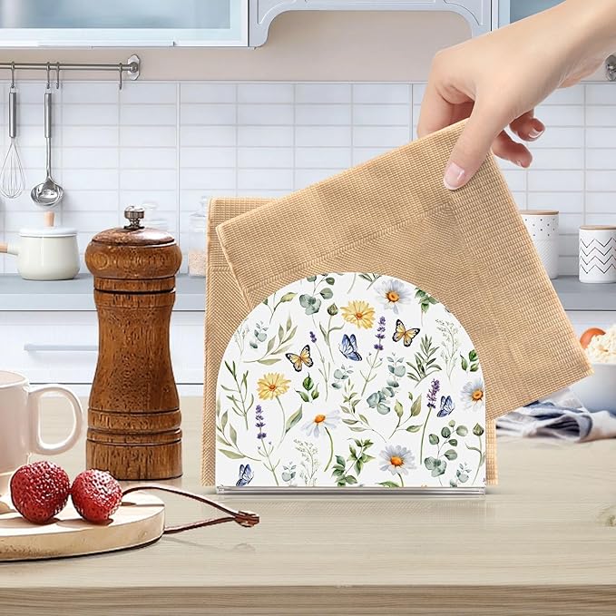 Wildflowers Butterflies Napkin Holder for Table Paper Napkins Holder Acrylic Tissue Dispenser Kitchen Dining Room Bathroom Party Car Decor