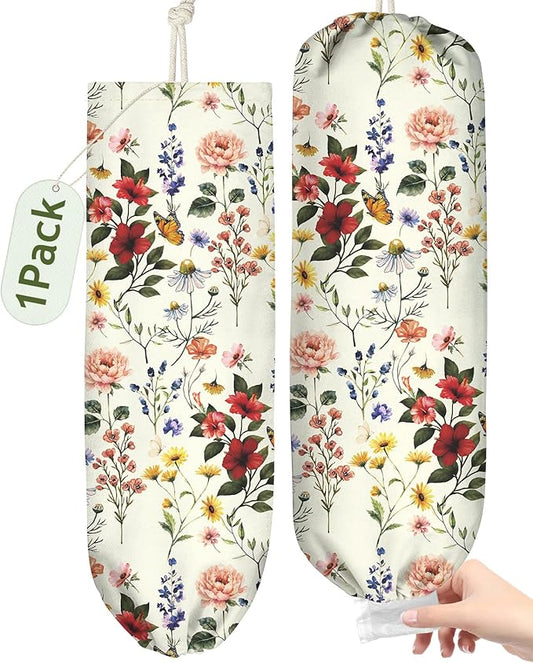 Plastic Bag Holder, Grocery Bag Organizer - 1 Pack Cute Kitchen Dispenser Holders Reusable Shopping Western Hanging Wall with Adjustment Drawstring Closure for Women Home, Floral