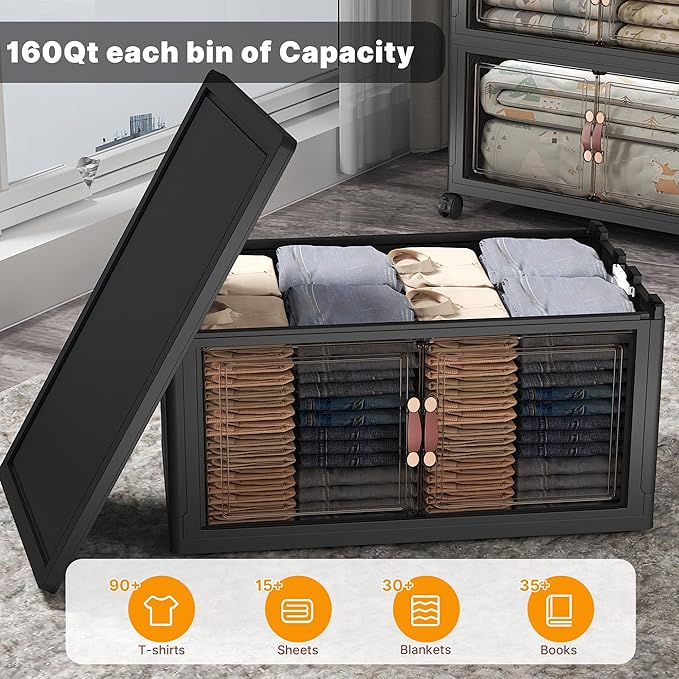 Stackable Storage Bins with Lids & Wheels & Door, Foldable Collapsible Closet Organizers, Extra Large Plastic Storage Drawers for Bedroom Dorm Office Garage (Dark-160qt, 3Pack with 1 top lid)