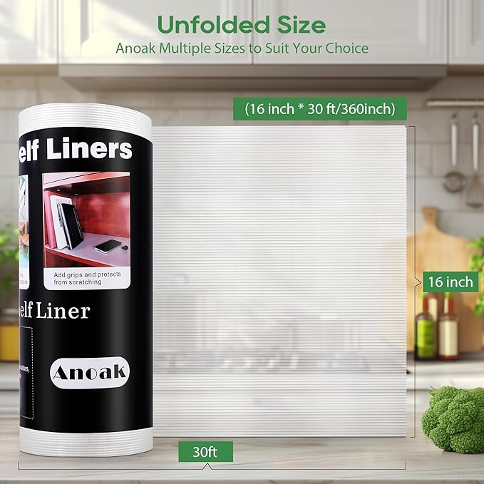 Anoak Shelf Liner - Non-Slip Cabinet Liner, 16 Inch x 30 FT(360 Inch) Durable Waterproof Washable Oil-Proof for Kitchen Cabinet, Shelves, Refrigerator, Storage, Desks, Non Adhesive