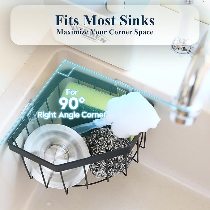 Sea Team Adhesive Corner Caddy, Sink Organizer, Soap, Drain Plug, Sponge Holder, Multifunctional Rustproof Carbon Steel Storage Basket, Wall Mounted Shelf Rack for Kitchen, Bathroom, Black