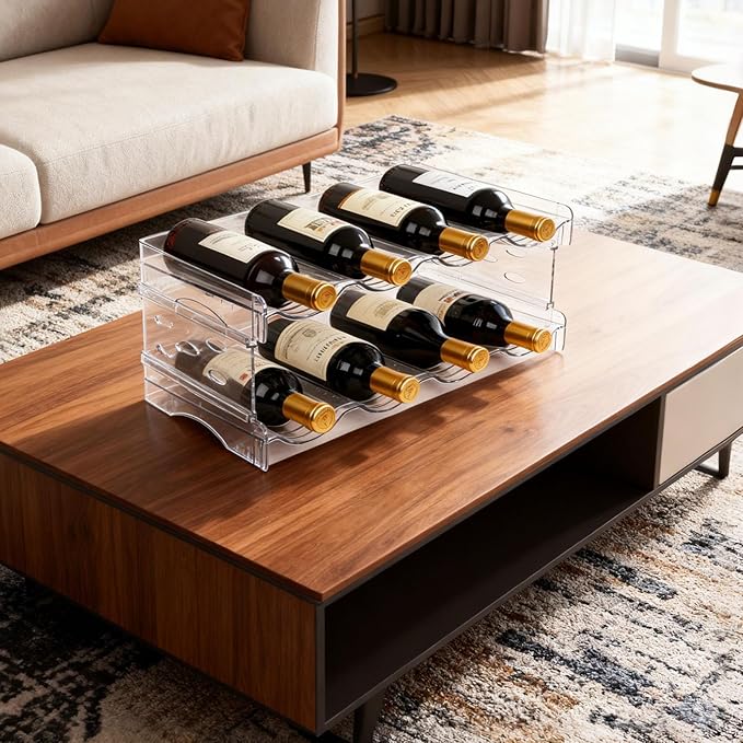 Stackable Acrylic Wine Rack Double-Layer 8-Bottle Holder & Water Bottle Organizer for Refrigerator Cabinet Kitchen Countertop and Bar Storage
