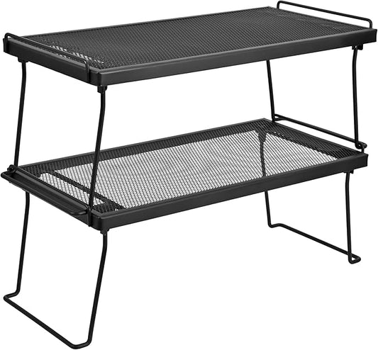 IBERG Set of 2 Stackable Cabinet Shelves, Foldable Mesh Iron Shelf Organizer for Kitchen, Pantry & Bathroom (Black)