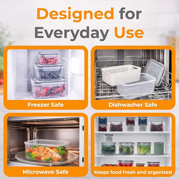 Fruit Storage Containers for Fridge - 3 Pack Food Refrigerator Organizer Basket Bins Set with Vent Lids and Removable Colander, Fruits, Produce, Vegetables, Salad, Lettuce, Berries, Saver Fresh Keeper