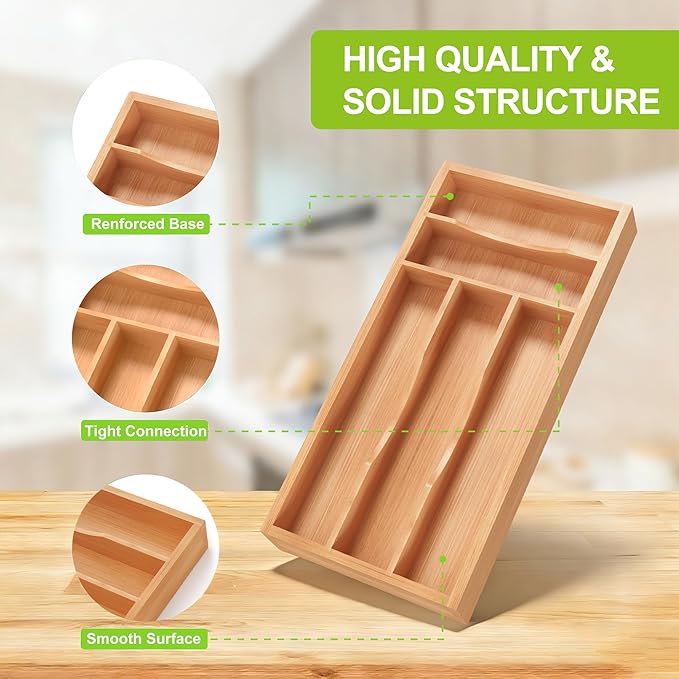 Bamboo Utensil Drawer Organizer with Removable Dividers, Kitchen Organizer for Flatware Cutlery, Silverware Tray for Drawer (5/4 Flexible Slots, Natural)