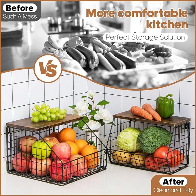 Kitchen Storage Baskets Fruit and Vegetable Baskets for Kitchen Countertop, 2 Sets Wire Wall Fruit Basket, 2 Tiered Hanging Produce Onion Potato Storage Snack Door Pantry Organizer