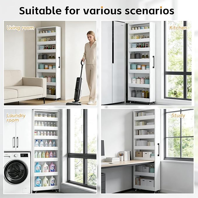 Slim Rolling Storage Cart, Narrow Kitchen Storage Rack with Wheels, Tall Gap Organizer Shelf for Small Spaces, 7-Tier Movable Food Cabinet for Refrigerator Side