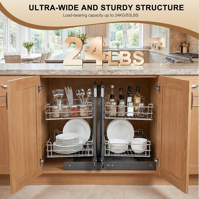2 Tier Blind Corner Cabinet Pull Out Organizer Shelves L 24.8in H 18.5in W 13in Left Open & Right Open Compatible Kitchen Corner Cabinet Organizer 4 Shelves for Kitchen Or Bathroom