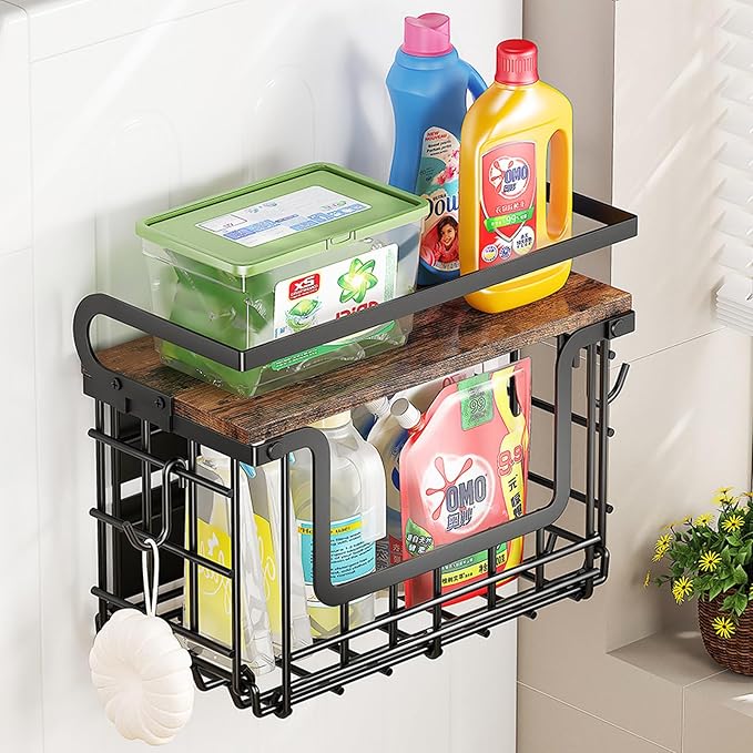 Mowhut Magnetic Shelf for Fridge, Magnetic Spice Rack with Wood Lid & 2 Hooks, Fruit Potato and Onion Storage Bin, Refrigerator Organizers and Storage, Kitchen Pantry Countertop & Cabinet, Black