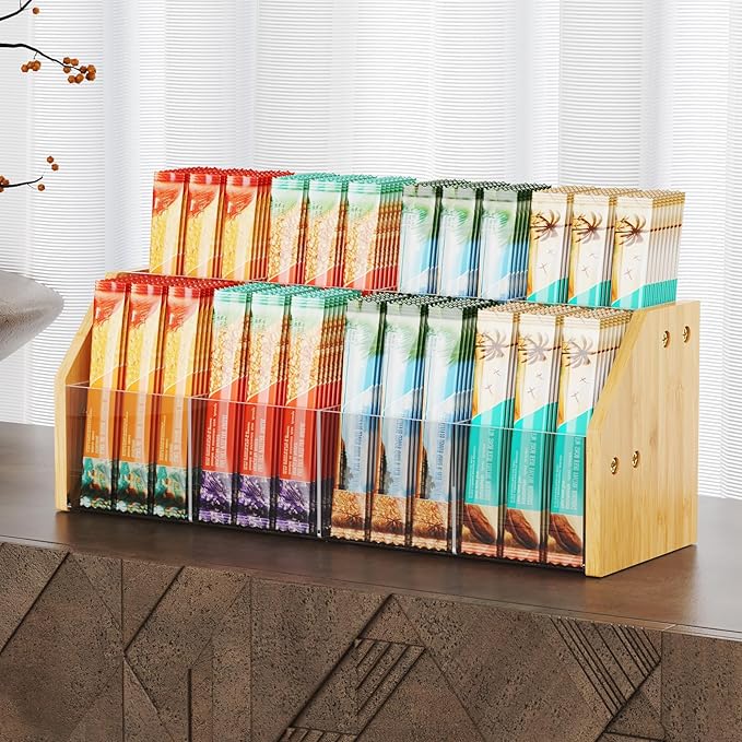 NiHome 2-Tier 8 Compartments Drink Packet Organizer, Bamboo and Clear Acrylic Storage Rack for Tea Bags, Sugar Packets, Flavor Mixes, Seasoning Sachets, Easy Access & Space-Saving Countertop Organizer