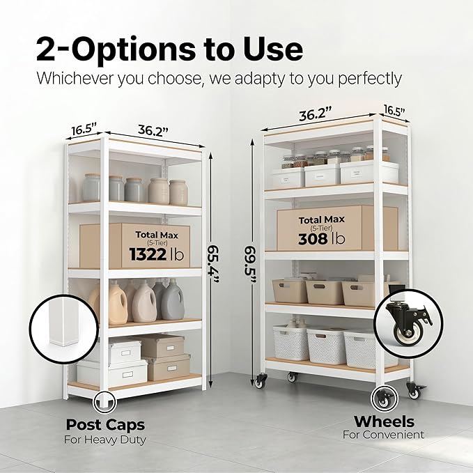 HOMEDANT House 5-Tier Metal Rolling Cart Shelf Rack Casters Heavy Duty Laminated Wheel Shelving Unit Adjustable Utility Storage Shelves Organizer Shelf Kitchen Garage (1, (M) 36.2" W, White)
