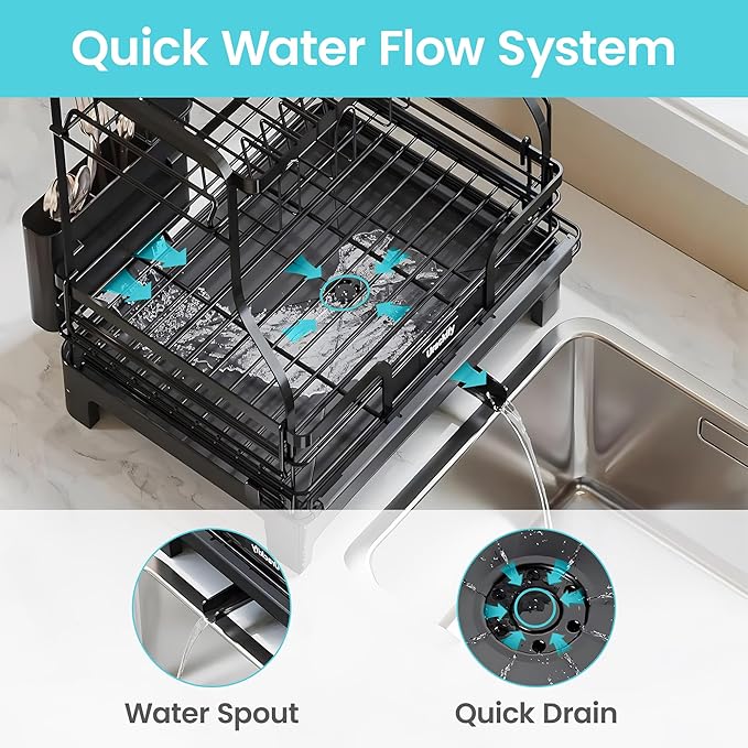CEASIN 2 Tier Dish Drying Rack, Premium Alloy Steel Dish Drainer for Kitchen Counter, Drainboard & Cup Holder, Anti-Rust & Space Saving, Utensil Holder, Black Dish Drying Rack, 44.5x31.8x11.7