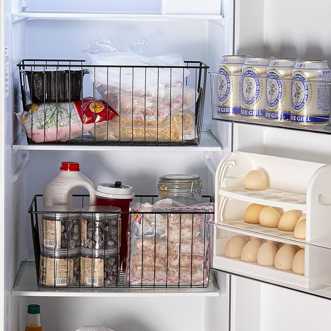Y.Z.Bros 16inch Freezer Wire Storage Organizer Baskets, Household Refrigerator Bins with Built-in Handles for Cabinet, Pantry, Closet, Bedroom