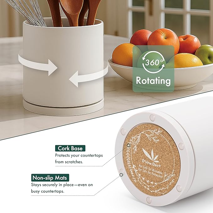 D'vine Dev 360° Rotating Utensil Holder – 5" Kitchen Utensil Crock for Countertop, Modern Cooking Tool Organizer for Kitchen Storage & Décor, Set of 2, Oatmeal, 72-Y-D-1