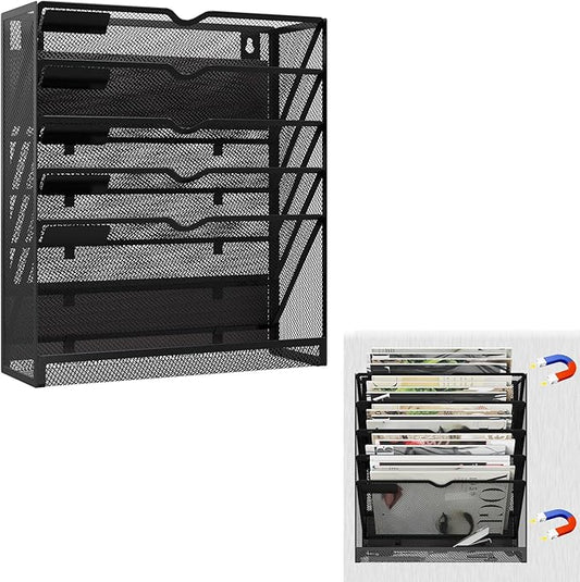 6 Tier Magnetic File Holder, Large Capacity Mesh Hanging Wall Organizer Vertical Magnetic Hanging File Organizer, Magnetic File Folder Holder for File Cabinets, Office, Whiteboard (Black)
