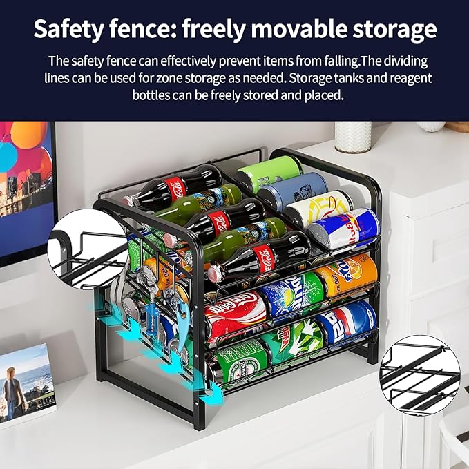 MIKEE 3-Tier Stackable Can Organizer for Pantry, Rolling Soda Can Dispenser with Removable Rubber Strips, Multi-Scenario Storage for Pantry&Kitchen for Cans & Bottles,Storage for 36 Cans, Black