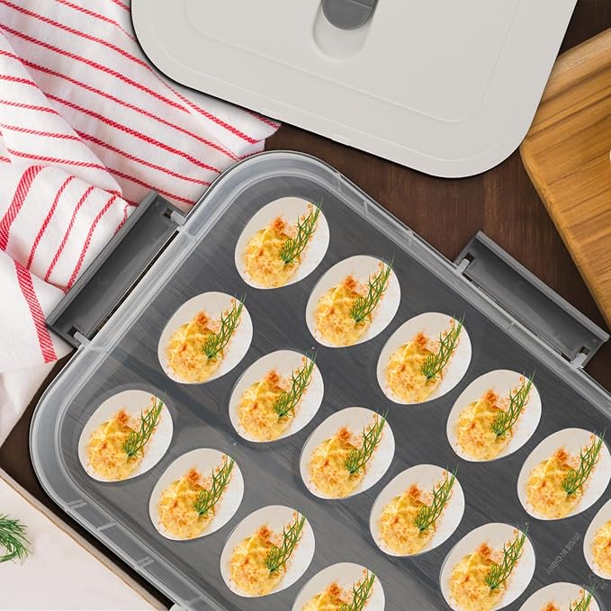 BTSKY Deviled Egg Platter with Lid, 3-Layer 54 Slots Deviled Eggs Carrier, Clear Portable Egg Holder for Fridge Reusable Deviled Eggs Tray Carton Box for Easter and Party Favor (3-Layer, White)
